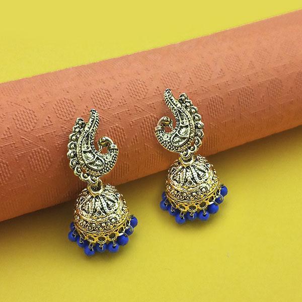 Kriaa Antique Gold Plated Blue Beads Peacock Design Jhumki - 1311556A