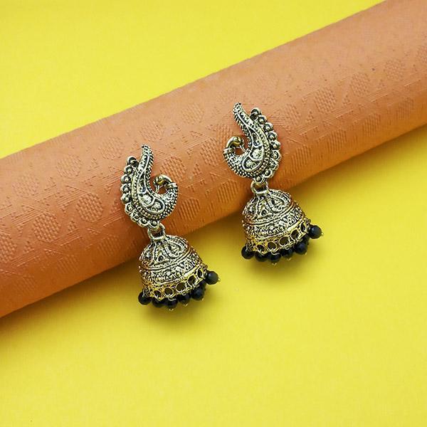 Kriaa Antique Gold Plated Black Beads Peacock Design Jhumki - 1311556B