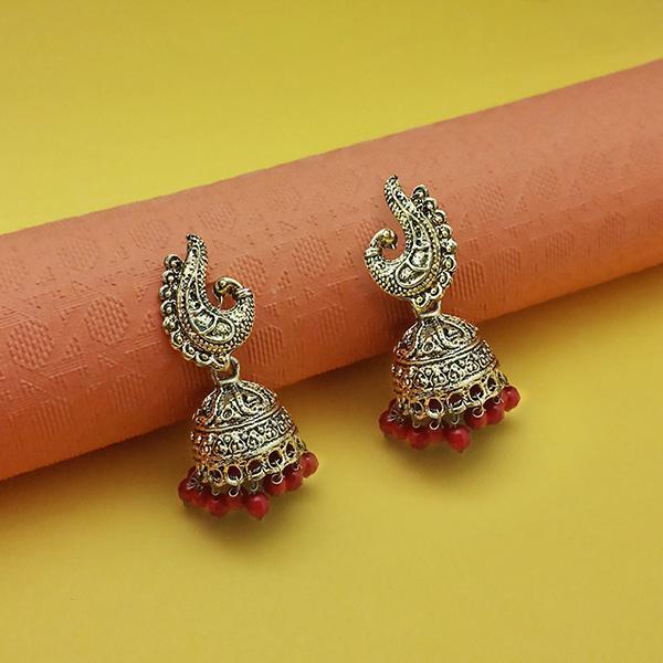 Kriaa Antique Gold Plated Red Beads Peacock Design Jhumki - 1311556C