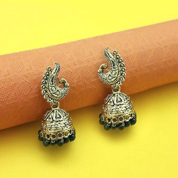 Kriaa Antique Gold Plated Green Beads Peacock Design Jhumki - 1311556D