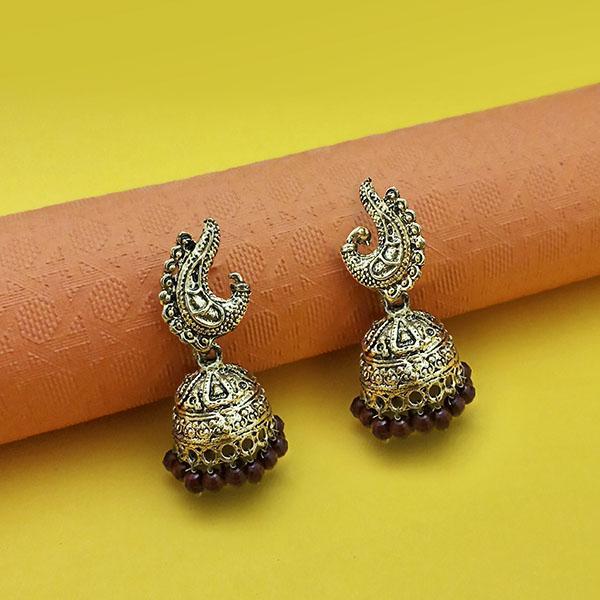 Kriaa Antique Gold Plated Brown Beads Peacock Design Jhumki - 1311556E