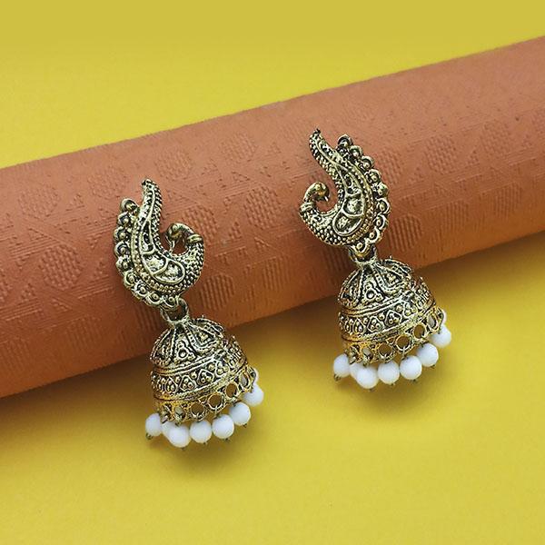 Kriaa Antique Gold Plated White Beads Peacock Design Jhumki - 1311556G