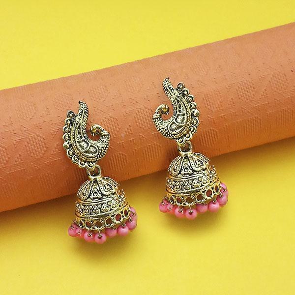 Kriaa Antique Gold Plated Pink Beads Peacock Design Jhumki - 1311556H