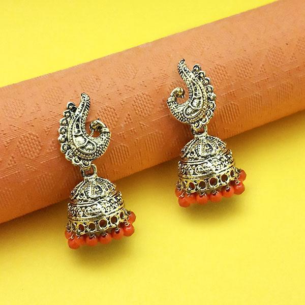 Kriaa Antique Gold Plated Maroon Beads Peacock Design Jhumki - 1311556I