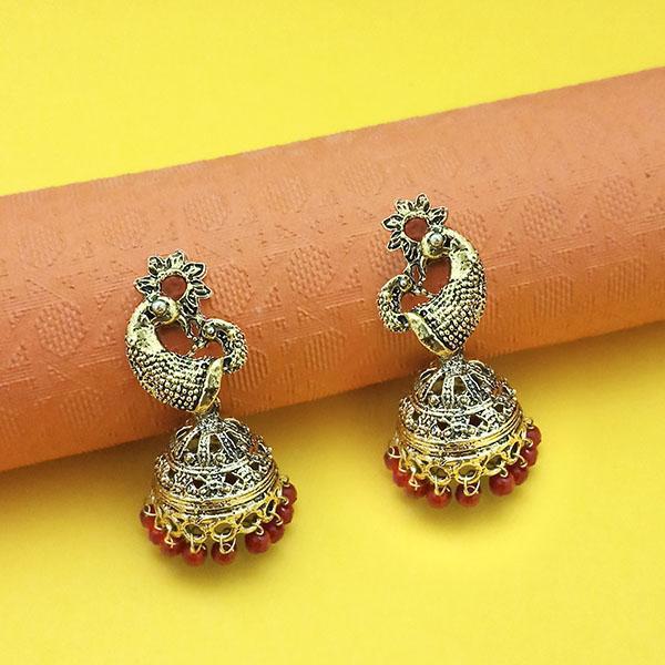 Kriaa Maroon Beads Antique Gold Plated Jhumki - 1311557B