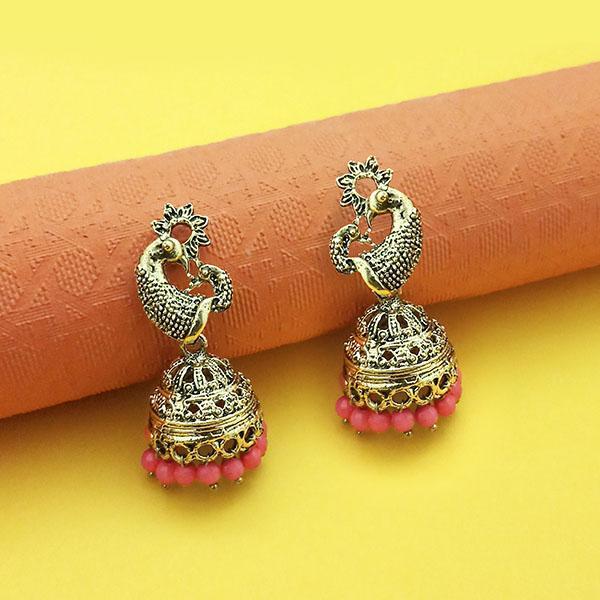 Kriaa Pink Beads Antique Gold Plated Jhumki - 1311557D