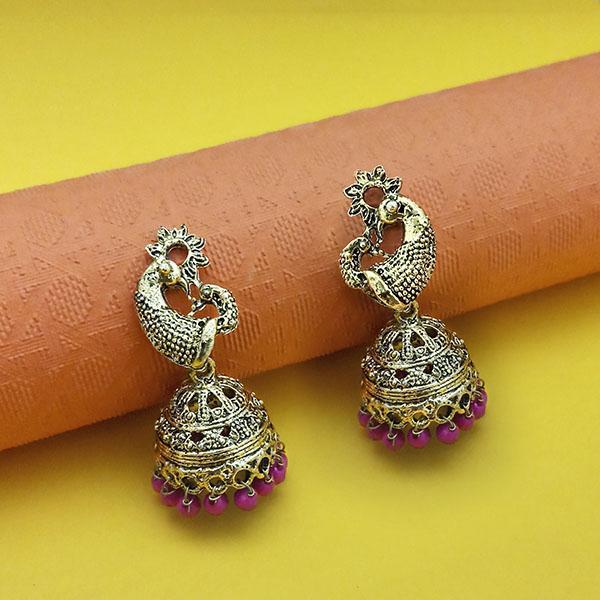 Kriaa Pink Beads Antique Gold Plated Jhumki - 1311557G