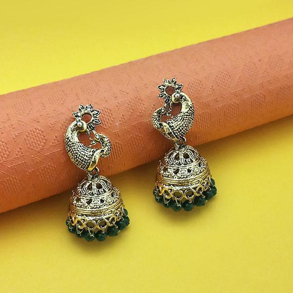 Kriaa Green Beads Antique Gold Plated Jhumki - 1311557H