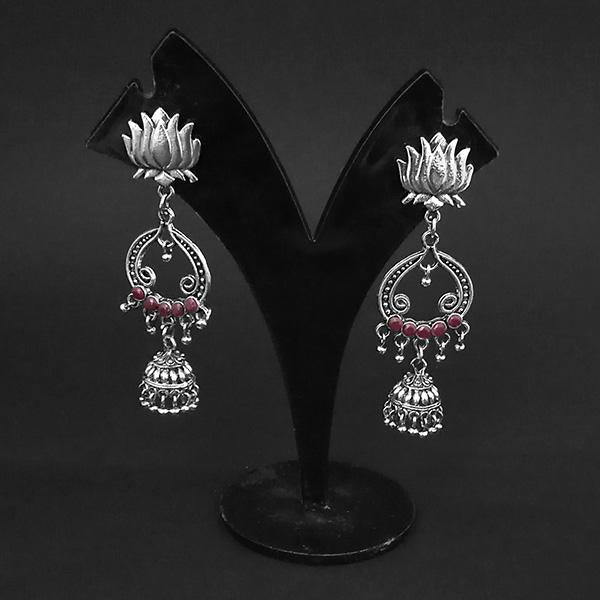 Kriaa Pink Stone Oxidised Beads Jhumki Earrings - 1311595B