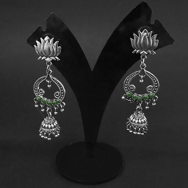 Kriaa Green Stone Oxidised Beads Jhumki Earrings - 1311595C