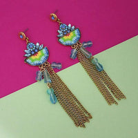 Urthn Blue Stone Chain Drop Tassel Earrings - 1311825A