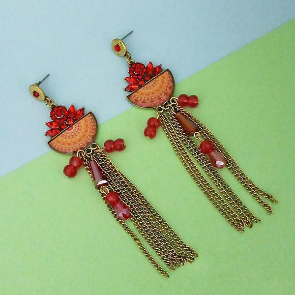 Urthn Red Stone Chain Drop Tassel Earrings - 1311825B