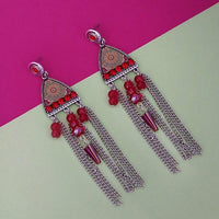 Urthn Rhodium Plated Maroon Stone Chain Drop Tassel Earrings - 1311826B