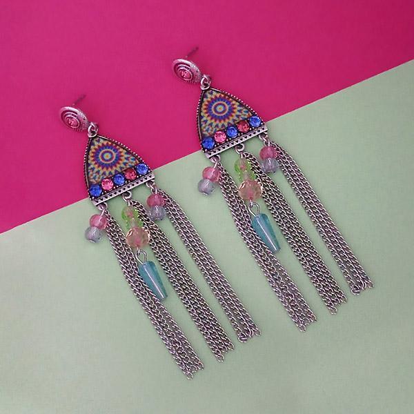 Urthn Rhodium Plated Multicolor Meenakari Stone Chain Drop Tassel Earrings - 1311826D
