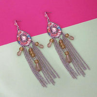 Urthn Rhodium Plated Pink Stone Chain Drop Tassel Earrings - 1311827C