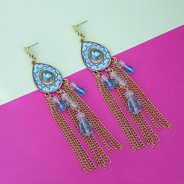 Urthn Blue Stone Rhodium Plated Chain Drop Tassel Earrings  - 1311828A