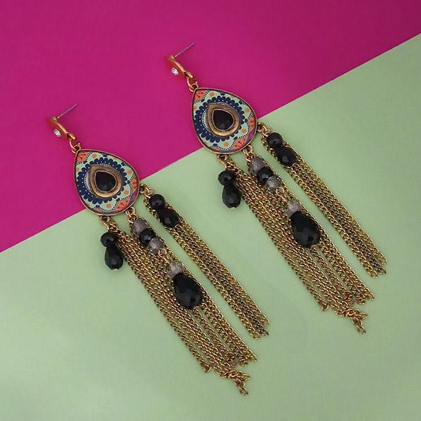 Urthn Gold Plated Black Stone Chain Drop Tassel Earrings - 1311828E