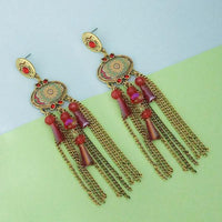 Urthn Gold Plated Marron Stone Chain Drop Tassel Earrings  - 1311829B