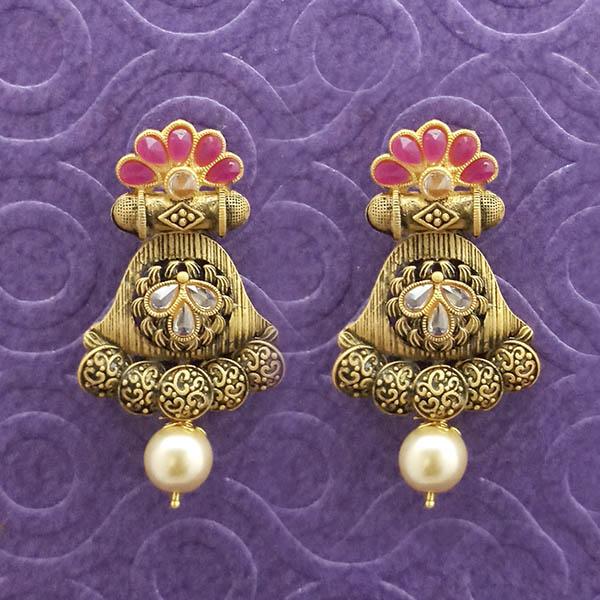 Kriaa Antique Gold Plated Pink Stone Dangler Earrings - 1312033B