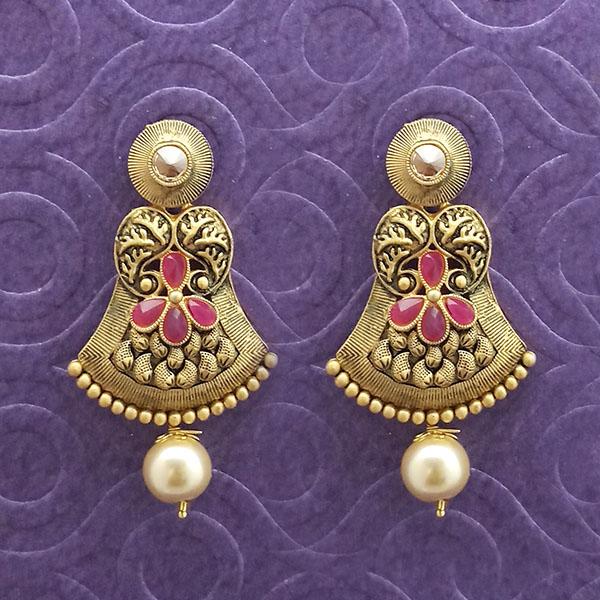 Kriaa Antique Gold Plated Pink Stone Dangler Earrings - 1312034B