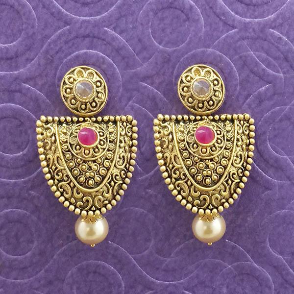 Kriaa Antique Gold Plated Pink Stone Dangler Earrings - 1312036B