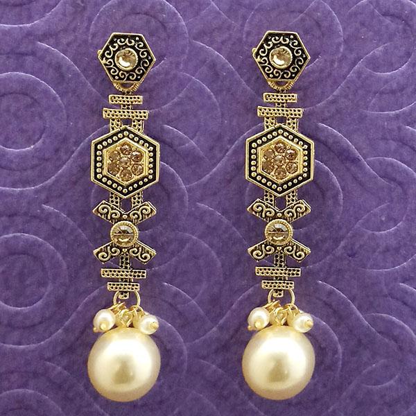 Kriaa Antique Gold Plated Brown Stone Pearl Dangler Earrings - 1312039