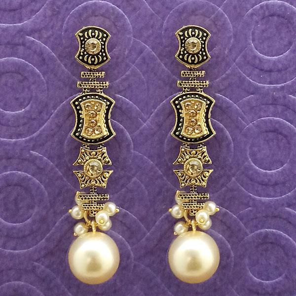 Kriaa Antique Gold Plated Brown Stone Pearl Dangler Earrings - 1312041