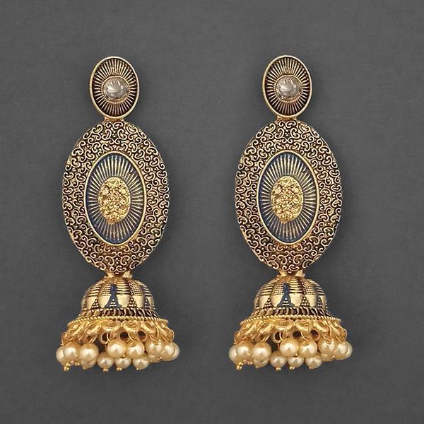 Kriaa Gold Plated Stone And Blue Meenakari Matte Dangler Earrings - 1312043C