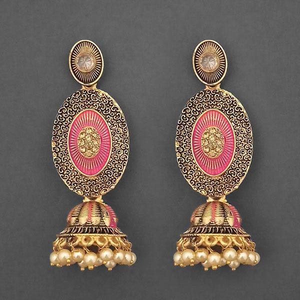 Kriaa Gold Plated Stone And Pink Meenakari Matte Dangler Earrings - 1312043D