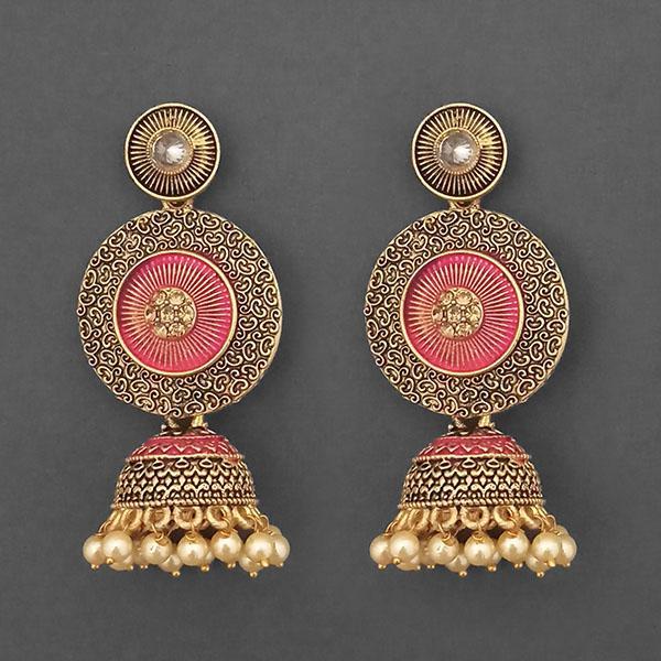 Kriaa Gold Plated Stone And Pink Meenakari Matte Dangler Earrings - 1312044D