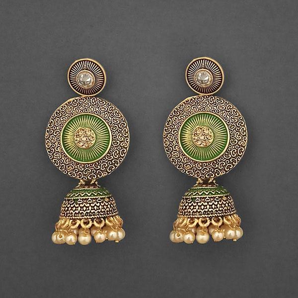 Kriaa Gold Plated Stone And Green Meenakari Matte Dangler Earrings - 1312044E