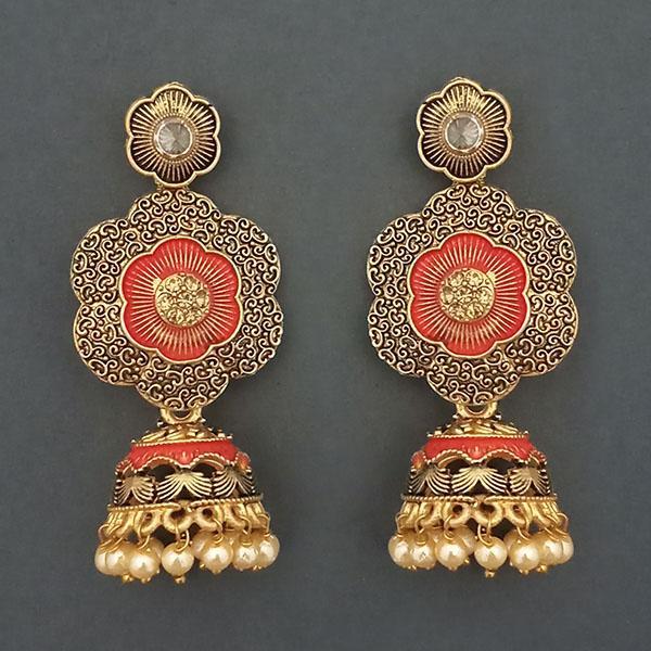 Kriaa Gold Plated Stone And Red Meenakari Matte Dangler Earrings - 1312045B