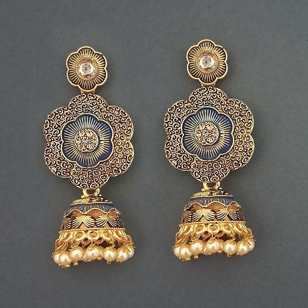 Kriaa Gold Plated Stone And Blue Meenakari Matte Dangler Earrings - 1312045C