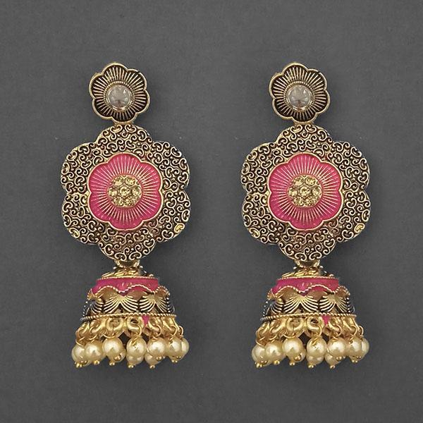 Kriaa Gold Plated Stone And Pink Meenakari Matte Dangler Earrings - 1312045D