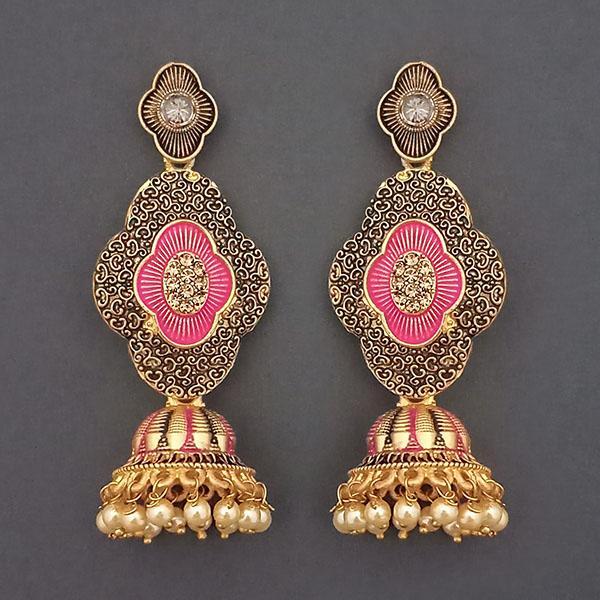 Kriaa Gold Plated Stone And Pink Meenakari Matte Dangler Earrings - 1312047D