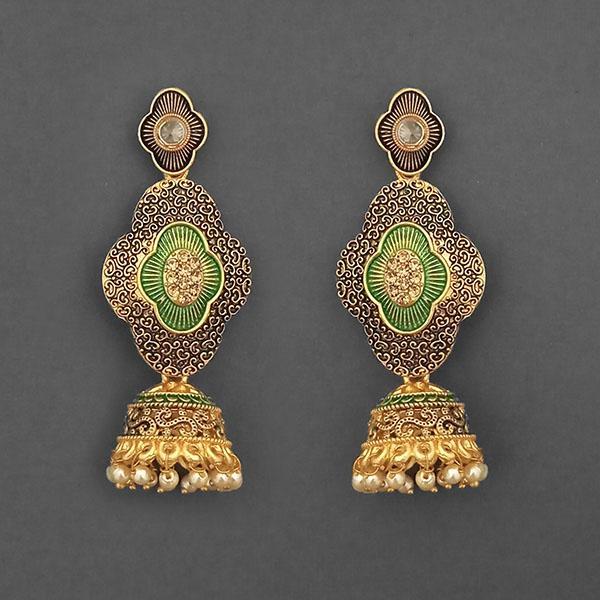 Kriaa Gold Plated Stone And Green Meenakari Matte Dangler Earrings - 1312047E