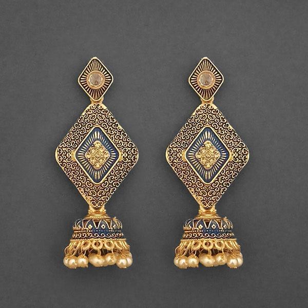 Kriaa Gold Plated Stone And Blue Meenakari Matte Dangler Earrings - 1312048C