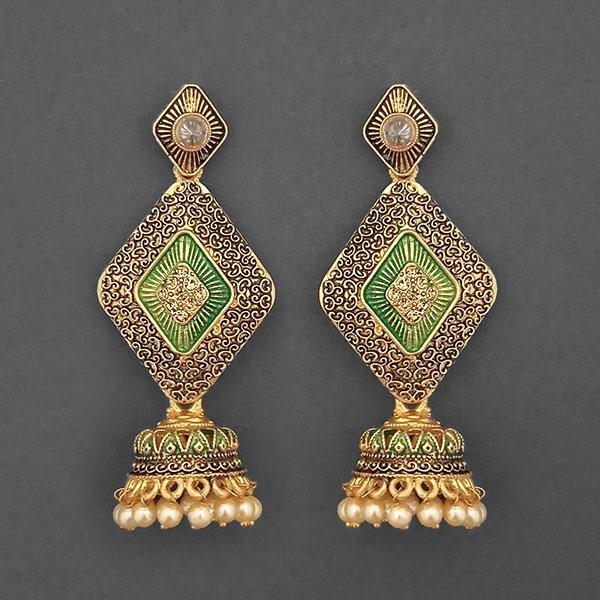 Kriaa Gold Plated Stone And Green Meenakari Matte Dangler Earrings - 1312048E