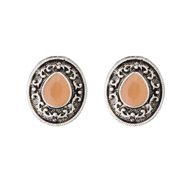 Kriaa Peach Opaque Stone Rhodium Plated Stud Earrings - 1312202F