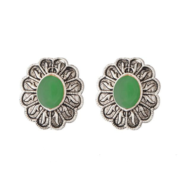 Kriaa Green Opaque Stone Rhodium Plated Stud Earrings - 1312203B
