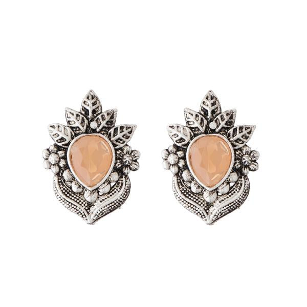 Kriaa Peach Opaque Stone Rhodium Plated Stud Earrings - 1312205F