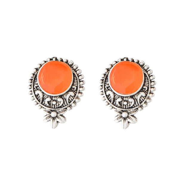 Kriaa Rhodium Plated Orange Opaque Stone Stud Earrings - 1312209D