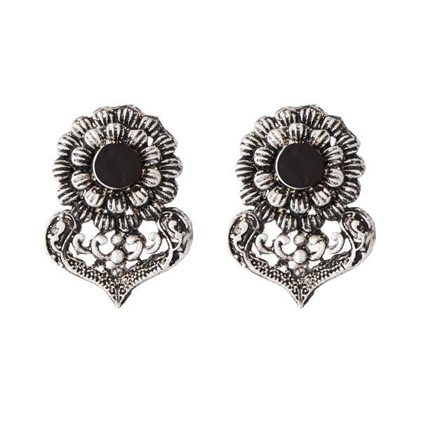 Kriaa Black Opaque Stone Rhodium Plated Stud Earrings - 1312210A