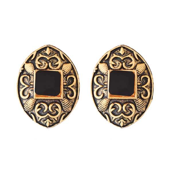 Kriaa Antique Gold Plated Black Opaque Stone Stud Earrings - 1312213A