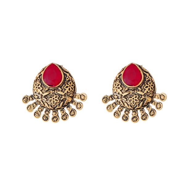 Kriaa Antique Gold Plated Maroon Opaque Stone Stud Earrings - 1312214C