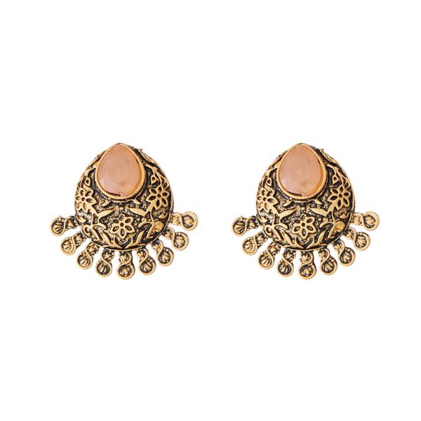 Kriaa Antique Gold Plated Peach Opaque Stone Stud Earrings - 1312214D