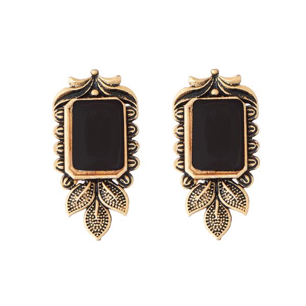 Kriaa Antique Gold Plated Black Opaque Stone Stud Earrings - 1312216A