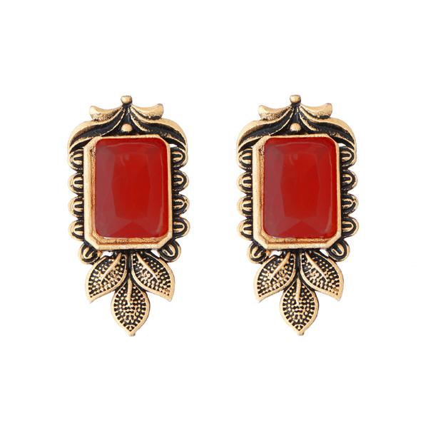 Kriaa Antique Gold Plated Maroon Opaque Stone Stud Earrings - 1312216C