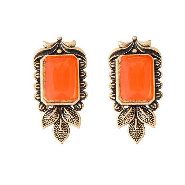 Kriaa Antique Gold Plated Orange Opaque Stone Stud Earrings - 1312216F