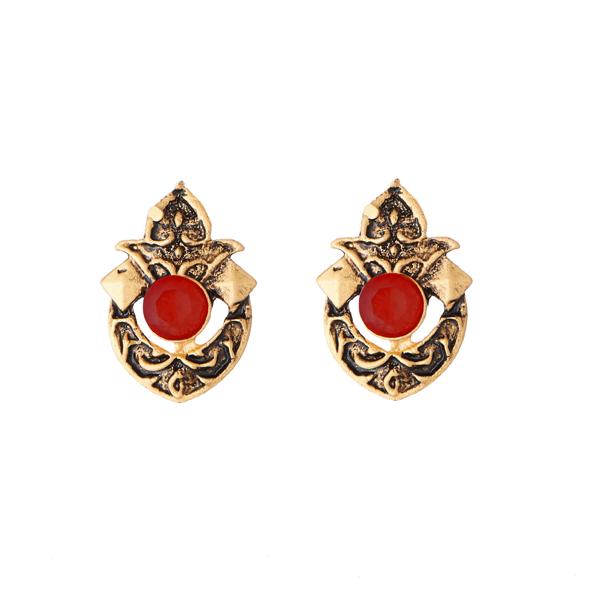 Kriaa Antique Gold Plated Maroon Opaque Stone Stud Earrings - 1312218C